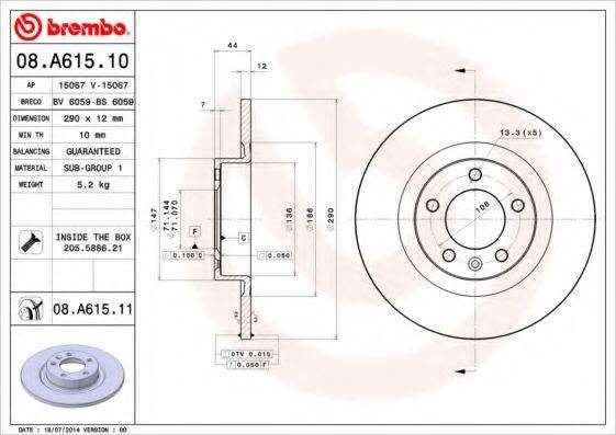гальмівний диск 08.A615.11 BREMBO